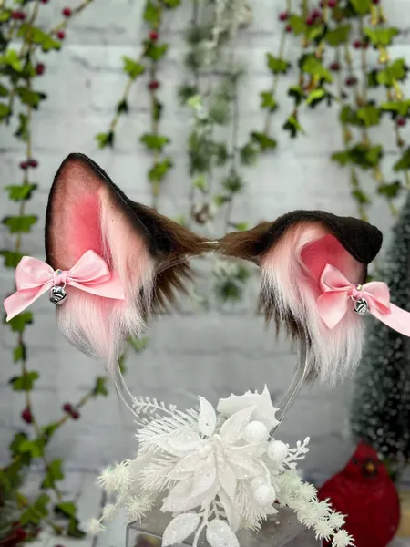 Realistic German Shepherd Puppy Ear Headband Pink and Brown Dog Ears Wolf Cosplay Ears Faux fur bendable dog ears with bows