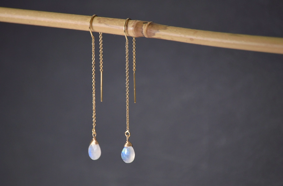 Moonstone Threader Earrings, Bohemian Gold Drop Earrings,Long Gold Chain,Personalized Gift for her,Delicate Crystal Dangle