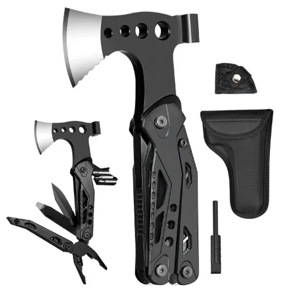 Multitool Werkzeug Geschenke für Männer, 16 in 1 Camping Gadgets Survival Kit Hammer Axt mit Zange Klappmesser Schraubendrehe Flaschenöffner, Multifunktionswerkzeug für Camping, Wandern, Notfall - 16 in 1