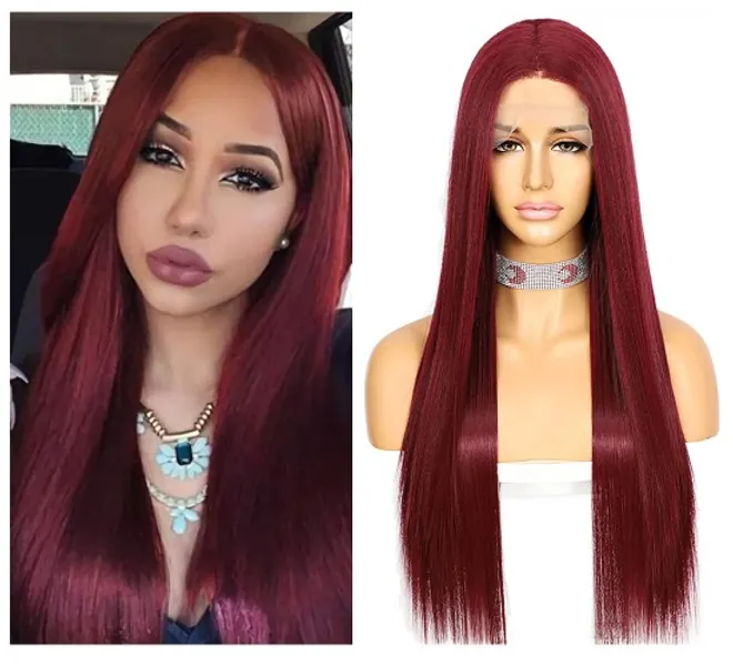 Sapphirewigs Burgund Lange gerade Perücke für Frauen Spitze vorne Perücken mit mittelTeil japanische synthetische Perücke 150 % Dichte hitzebeständig 24inch - Burgund