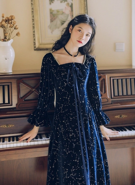 US Size 0-10 Renaissance Dress, Long Velvet Deep Blue Medieval Dress, Celestial Print Party Dress, Ren Faire Dress, Halloween Dress