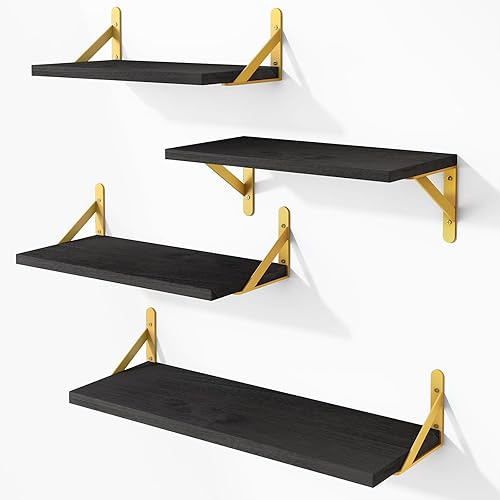 YGEOMER Floating Shelves for Wall, Black Wall Shelves Different Sizes, Wall Mounted Wood Shelf for Living Room, Bathroom, Bedroom, Kitchen, Home Decor (Set of 4) - Black and Gold Bracket