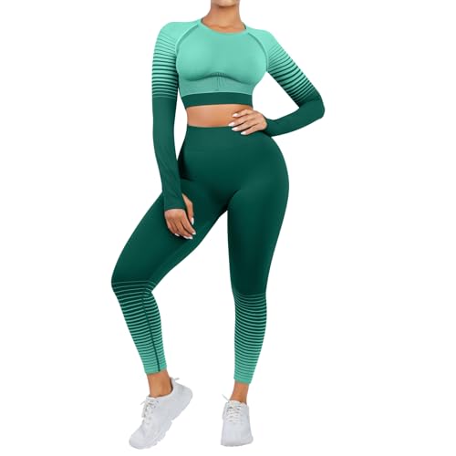 FeelinGirl Workout Sets for Women 2 Piece Seamless Long Sleeve Crop Tops Seamless Ribbed Outfits High Waist Leggings - XX-Large - A2-green