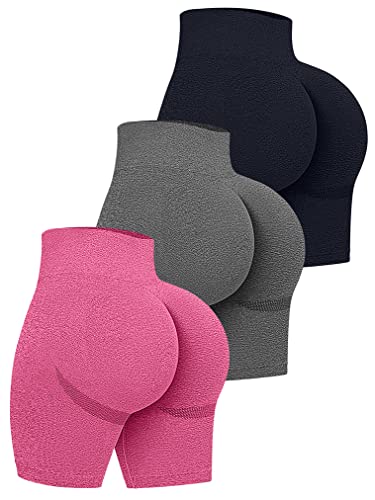 OQQ Women's 3 Piece High Waist Workout Shorts Butt Lifting Tummy Control Ruched Booty Smile Yoga Short Pants - X-Large - Black Grey Plumred