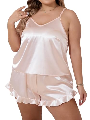 SOLY HUX Women's Plus Size Silk Satin Pajama Set Cami Top and Ruffle Hem Shorts Lounge Sleepwear - 5X-Large Plus - Solid Champagne