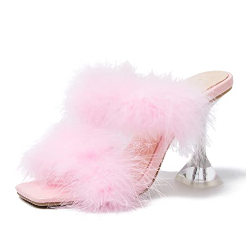 Women's Square Toe Fuzzy Heels High Clear Heel Mules Sandals Two Fluffy Feather Bands Slippers Party Prom Dresses Shoes - 12 - Pink