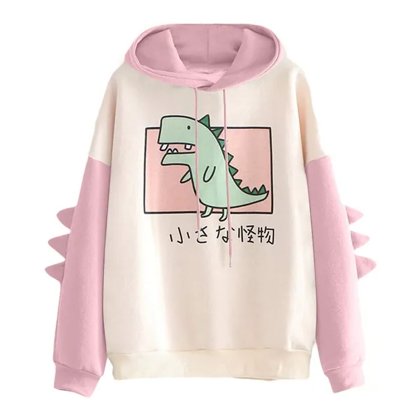 G-Anica Felpa con Cappuccio Donna Sweatshirt Manica Lunga Drawstring Hoodie Moda Dinosauro Stampa Felpe Pullover Casual Allentata Oversize Cappotto Sportivo