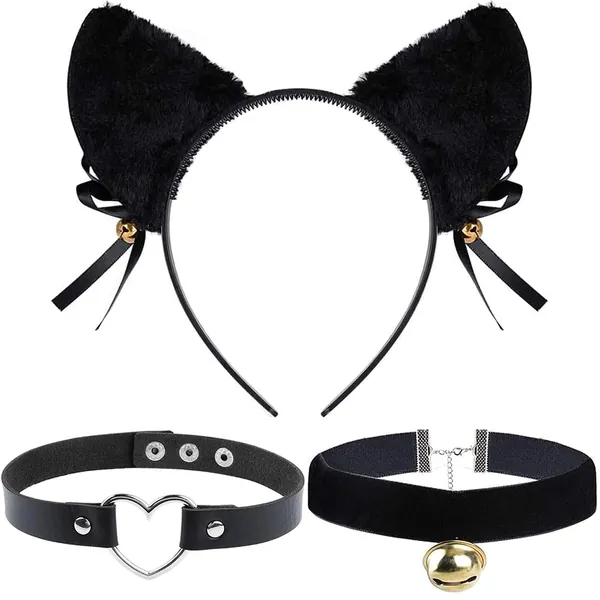 DoDuo Orecchie da Gatto Cerchio per Capelli, Catwoman Cosplay Kit Travestimento Gatto per Costume Giochi Addio al Nubilato Compleanno Festa