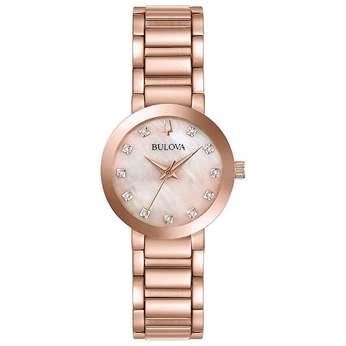 Bulova Ladies' Modern Millenia Diamond Dial Rose Gold Stainless Steel 3-Hand Quartz Watch, Gold Mother-of-Pearl Dial, Edge to Edge Crystal Style: 97P132