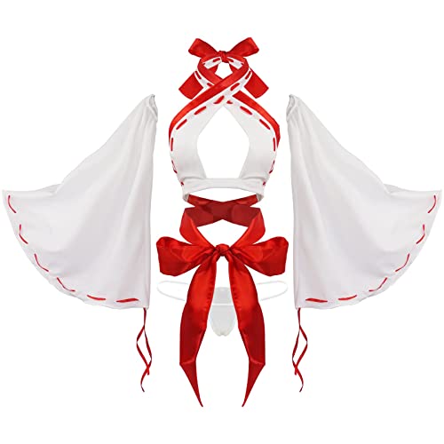 paloli Women Japanese Anime Miko Cosplay Outfit, Red And White Kimono Bra And Panty Set Witch Cosplay Costume - Style-1