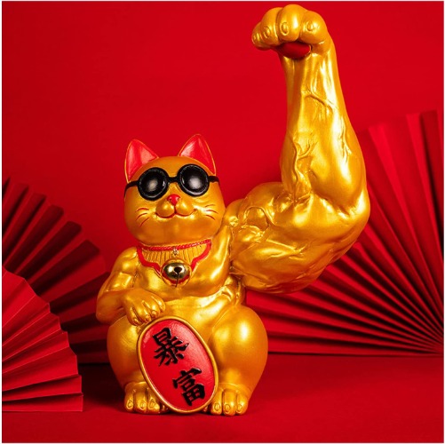ARTFILIF Muscle Arm Get Rich Cat Statue Big Arm Beckoning Cat Sculpture Maneki Neko Cat Kylin Arm Lucky Cat Opening Gift Ornament (A)