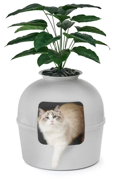 Secret Litter Box by Bundle & Bliss - Hidden Litter Box Enclosure with Odor Control Carbon Filter, Faux Plant and Real Stones, Perfect for Large Cats