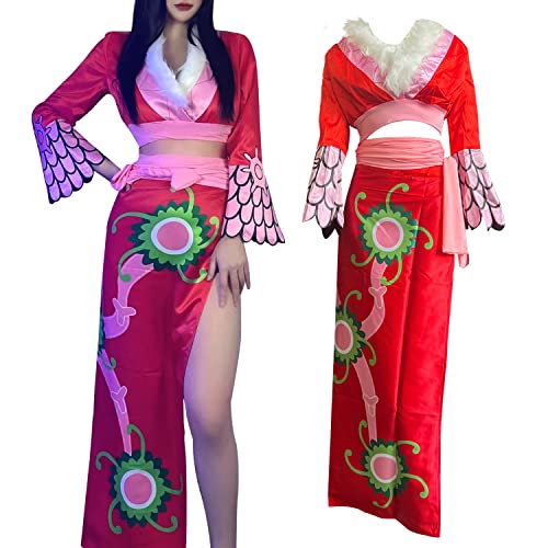 IM-SMELTER Boa Hancock Cosplay Costume, Earrings, Short Top Long Skirt Kimono Element Wind, Snake Girl Red Cheongsam Halloween Dress Up Set - Large - Hancock-kimono