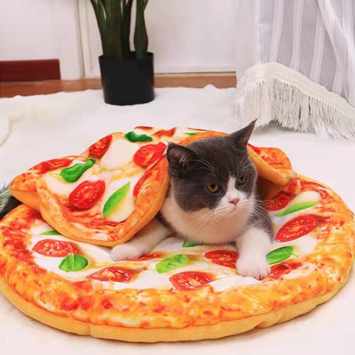 Fld Pizza Pattern Pet Cat 20.8" Round Bed Mats and 15.7" Blanket 2 pcs Set Creative Pets Supplies (pisha1)
