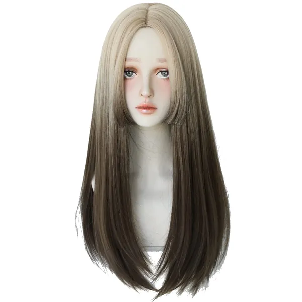 7JHH WIGS Dirty Blonde Wig with Bang Layered Wigs for Women Long Straight hair Synthetic Bleach Blonde Colorful Wig For Cosplay Party And Daily Use（24" Ombre Blonde + Black) - blonde with black JAP