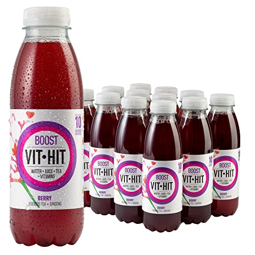 VIT HIT Boost - 12 x Berry + Ginseng + Rooibos Tea | Vegan, Low Sugar, Low Calories, Vitamin Drink | 100% RDA of 8 Vitamins (500ml x 12 Bottles) - Berry, Rooibos Tea & Ginseng