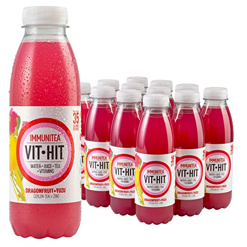 VIT HIT IMMUNITEA - 12 x Dragonfruit + Yuzu + Ceylon Tea | Vegan, Low Sugar, Low Calories, Vitamin Drink | 100% RDA of 8 Vitamins (500ml x 12 Bottles) - Dragonfruit & Yuzu, Ceylon Tea