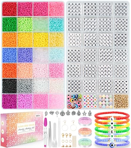 Paodey 12,000pcs 3mm Uniform Seed Beads Size 8, 1000 Pcs Letter Beads 28 Colors Loom Seed Beads for Jewelry Making, Tiny Beads for Bracelets Making - 3mm