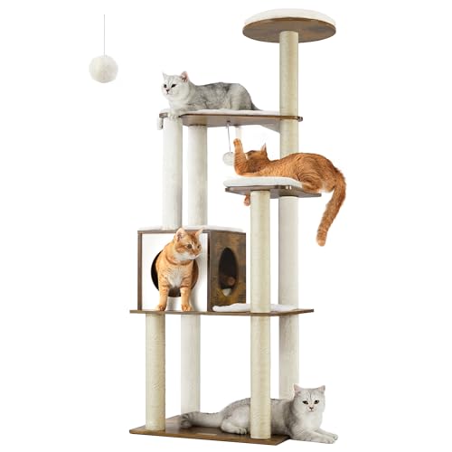Feandrea WoodyWonders Cat Tree, 65-Inch Modern Cat Tower for Indoor Cats, Multi-Level Cat Condo with 5 Scratching Posts, Perch, Washable Removable Cushions, Cat Furniture, Rustic Brown UPCT166X01 - Rustic Brown