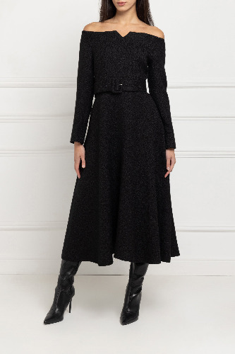 Bardot Belted Bouclé Dress (Noir) | S