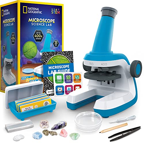 NATIONAL GEOGRAPHIC Microscope for Kids - Science Kit with an Easy-to-Use Kids Microscope, Up to 400x Zoom, Blank and Prepared Slides, Rock & Mineral Specimens, STEM Project Toy (Amazon Exclusive) - Blue Microscope Kit