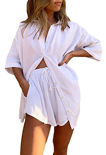 HAPCOPE Women's 2 Piece Casual Tracksuit Outfit Set Half Sleeve Shirt and High Waisted Shorts Set - Small - 02white