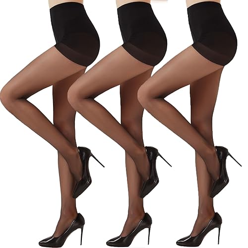 Citystl 3 Pairs Black Sheer Tights for Women - 20D Not Rip Control Top Pantyhose with Reinforced Toes - Resist Tears - Small - Black