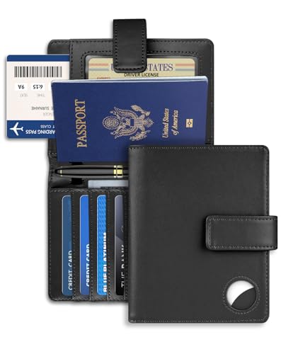 AirTag Passport Holder Wallet Cover Case for Women and Men,RFID Blocking,Passport Case with AirTag Holder,Travel Accessories (Black) - Black