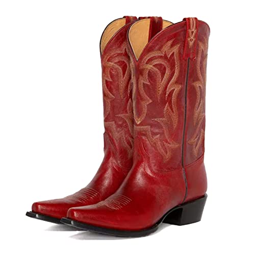 Yolkomo Western Cowboy Boots for Women Wide Calf Low Heel Distressed Cowgirl Boots - 7 - Red-calf High