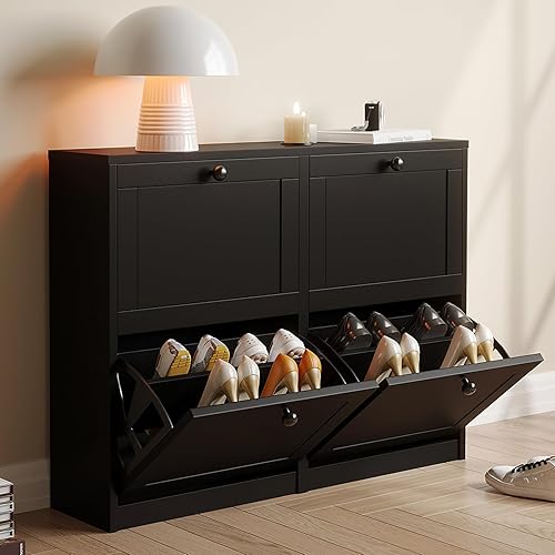 VOWNER Shoe Cabinet with 4 Flip Drawers, Freestanding Shoe Storage Cabinet with Adjustable Shelf & Anti-Tipping Device, Shoe Rack for Entryway, Hallway, Living Room (Black) - Black