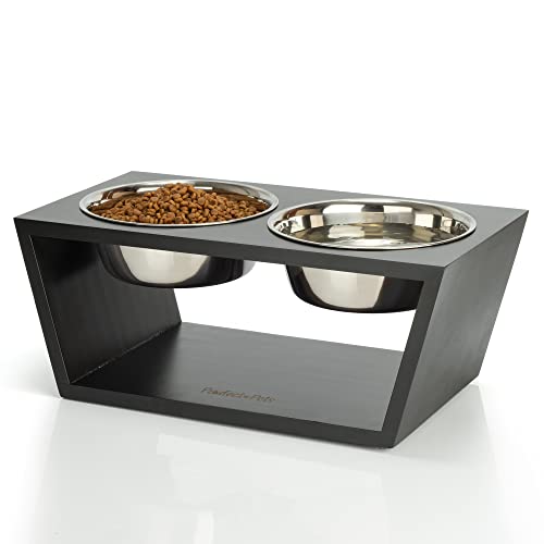 Pawfect Pets Elevated Dog Bowl Stand- 7" Raised Dog Bowl for Medium Dogs. Pet Feeder with Four Stainless Steel Bowls (Black) - Black