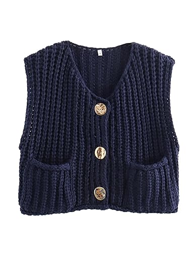 Meyhad Women's Sleeveless Knit Cardigan Casual Button Down Cropped Knitted Sweater Vest with Pockets - Navy Blue - Small