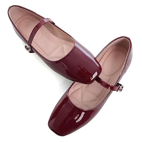 WENJIAZHIZHI Women's Ballet Flats Comfortable Mary Jane Shoes Dressy Casual Slip-On Ballerina Working Flats Uniform Shoes - 6.5 - A240-burgundy