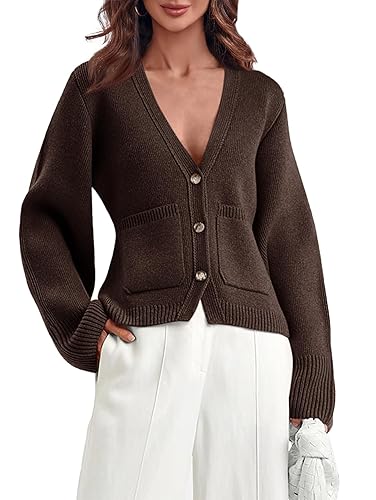 Saodimallsu Womens Deep V Neck Cardigan Sweaters Open Front Button Down Long Sleeve Cropped Knit Coats with Pockets - Small - Brown