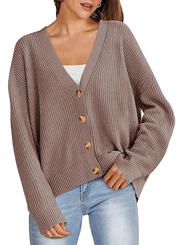 ANRABESS Women Cardigan Sweaters 2024 Fall Oversized Button Open Front Knit Lightweight Cardigans Fall Outfits Outerwear - Small - Nutmeg