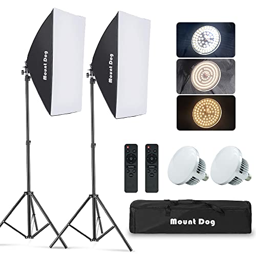 MOUNTDOG Softbox Lighting Kit Studio Photography Continuous Lights Softbox with Dimmable LED 3 Colors Bulbs (85W/5700K), Remote Control and Adjustable Stand for Portraits Photo Video YouTube