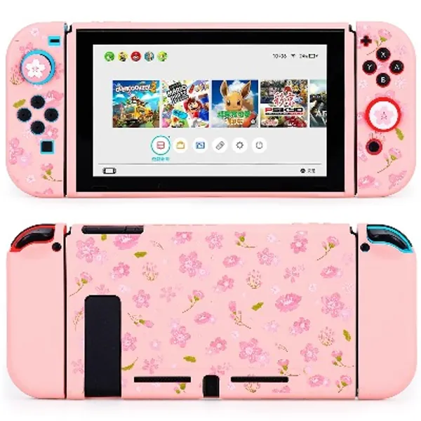 Tscope Protective Case for Nintendo Switch, Cute Soft TPU Slim Cover (Not Dockable) for NS Console and Joy-Con Controllers, with Tempered Glass Screen and 2 Thumb Grips Caps (Sakura Pink)
