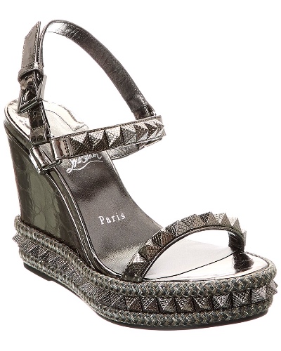 Christian Louboutin Pyraclou 110 Embossed Leather Wedge Sandal | EU 39 / silver / Regular