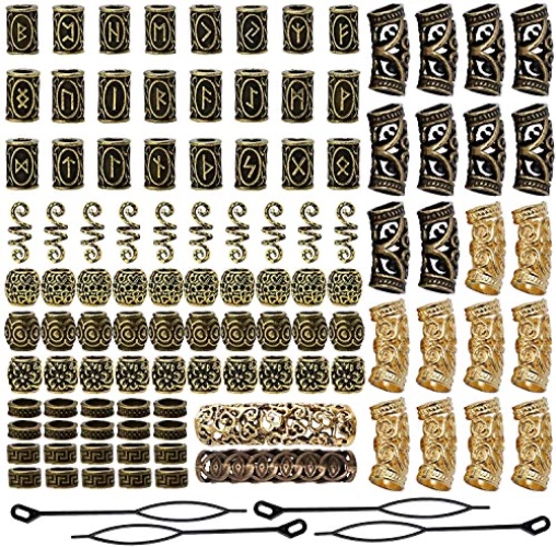 Queta Viking Rune Beads, Set Rubber Bands and Accessories Antique DIY Hair Beard Beads, Hair Braiding Needle Decorative Beads, Hair Styling Woven jewellery, necklace pendant (Gold) - Black, Golden
