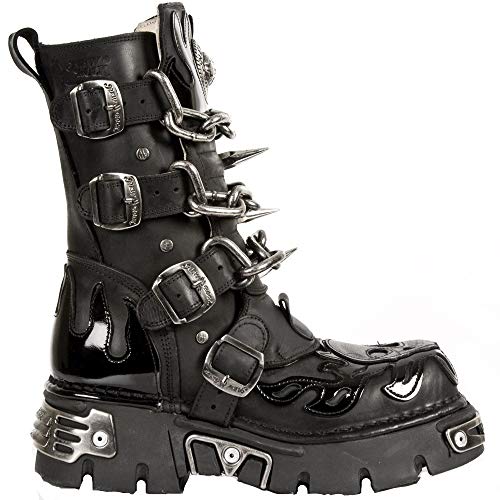 New Rock Unisex M.727-S1 Black Leather Boots Skull Chain Flame Reactor Boots - 7 UK