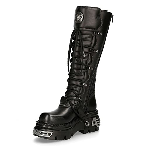 New Rock 272-S1 Metallic Black Leather Gothic Emo Knee High Boots with Lace and Buckle Fastening - 6 UK - Black