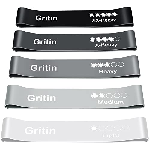 Gritin Resistance Bands, [Set of 5] Skin-Friendly Resistance Fitness Exercise Loop Bands with 5 Different Resistance Levels - Carrying Case Included - Ideal for Home, Gym, Yoga, Training - Grey