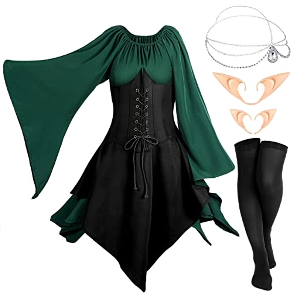 Eurzom Medieval Fairy Costume Set Women's Renaissance Dress Elf Girls Cosplay Accessories Rhinestone Drop Headpiece Elf Ears - Green, Black - Small
