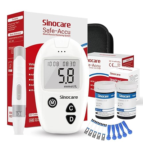 Sinocare Blood Sugar Monitor, Diabetes Testing Kit Safe Accu, Large Memory Capacity Blood Sugar Test Kit with 50 Test Strips & 50 Lancing Devices, for Diabetics Home Self-Testing in mmol/L - Blood Glucose Test Kit - 50