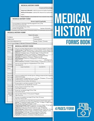 Medical History Forms Book: New Patient Health History Form | Patient Medical Information Record | 4 Pages Per Form