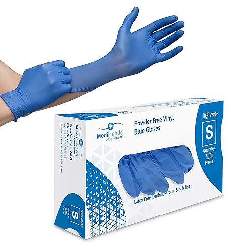 Farla MediHands Blue Small Vinyl Gloves - Box of 100 Disposable Vinyl Gloves - Medical Gloves - Powder Free, Latex Free, & Protein Free Gloves - Multi-Purpose, Single Use - 1 Count (Pack of 100) - Small