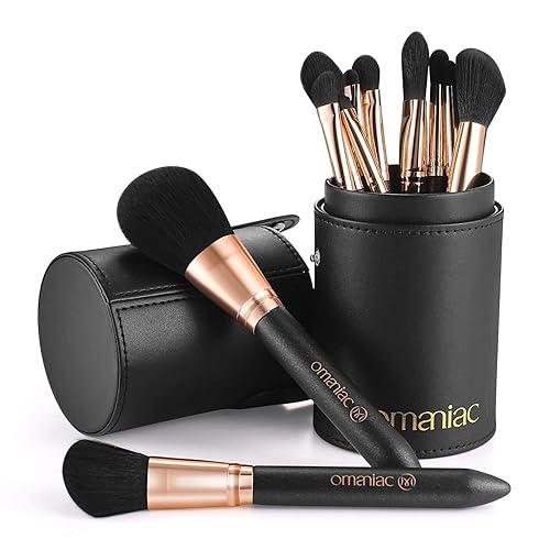 OMANIAC Makeup Brush Set Professional, 12 Pearlescent Wood Handle Makeup Brushes, Premium Cruelty-Free Synthetic Fiber Hair, Travel Make up Brushes Set with Case (Black). - Rose Gold and Black
