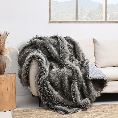 HORIMOTE HOME Luxury Plush Faux Fur Throw Blanket, Long Pile Grey with Black Tipped Blanket, Super Warm, Fuzzy, Elegant, Fluffy Decoration Blanket for Couch, Armchair, Sofa and Bed, 60''x 80'' - Chinchilla - 60'' x 80''