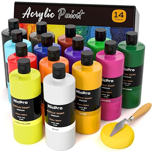 Nicpro 14 Colors Large Bulk Acrylic Paint Set (16.9 oz, 500 ml) Non Toxic Art Painting Supplies for Multi Surface Fabric Canvas Wood Leather Stone, Craft Paint for Kid & Adult with Color Wheel - 14 Colors - 16.9 Fl Oz (Pack of 14)