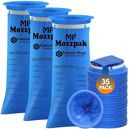 MP MOZZPAK Vomit Bags Disposable – 35 Pack – 1000ml Barf Bags – Leak Resistant, Medical Grade, Portable Emesis Bags, Puke, Throw Up, Nausea Bags for Travel Motion Sickness (Blue) - Blue
